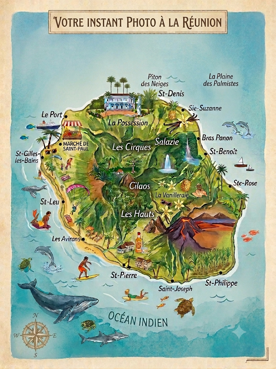 Carte de l'île de la Réunion situant les zones où se tiennent les séances Instant d'Île